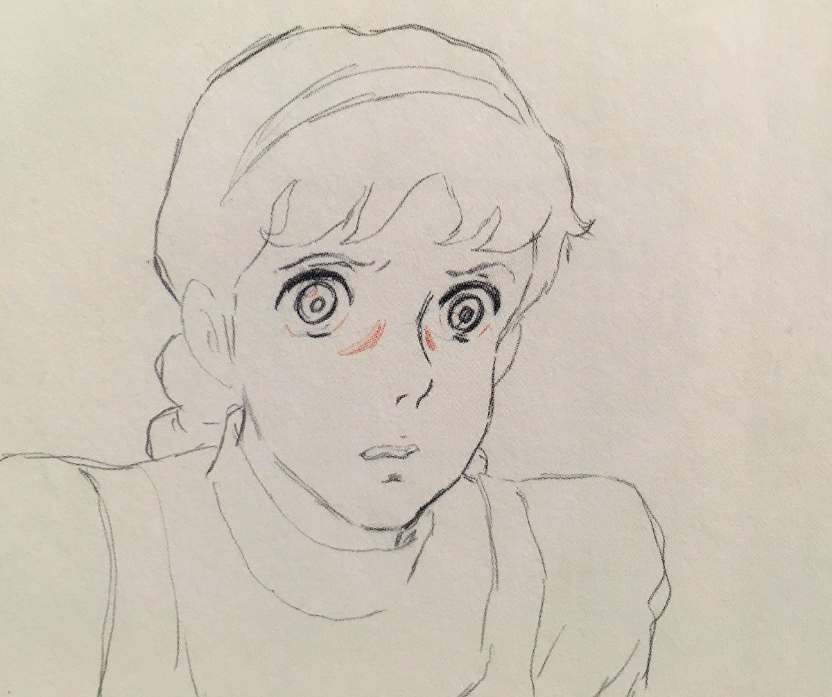 #近藤喜文 さんによるアンの修正原画。
「アゴのリンカク 丸くならないで てきどに角ばらして下さい」との動画への指示。
ダイアナ、ルビー、ジェーンの頬・顎・耳をつなぐ輪郭線はややふっくらとしたカーブが基本ですが、アンは途切れ途切れの直線のよう。
極めて微妙で難しいデザイン。
#赤毛のアン