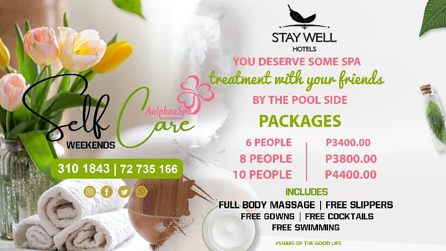 Staywell_Hotel's tweet photo. StayWell Hotels X Aalphaa Spa brings you  #SELFCAREWEEKENDS

 Exceptional pamper sessions by the pool ❤️❤️
#SpaRobes✅
#FreeCocktails✅
#SpaSleepers✅
#FullBodyMassages✅
#Freeswimming ✅ 

Make a booking and secure  your spot +267 3101843/72735166
#ShareOfTheGoodLife
#pushaBW https://t.co/4e6NeGzmJK