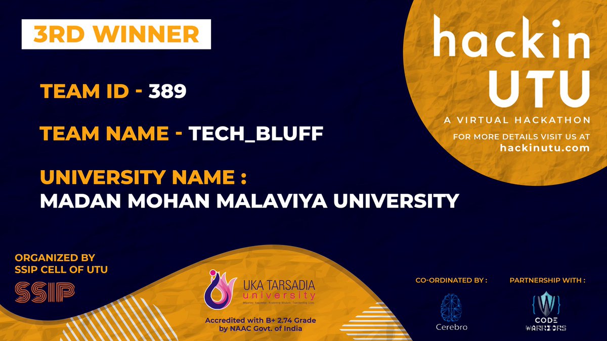 hackinutu's tweet photo. The hackinUTU family is super proud to announce that team 'TECH_BLUFF has secured 3rd position in the very first hackinUTU!

Congratulations to the team and many more endeavours to come!

@utumalibacampus

#hackathon #hackinutu2020 https://t.co/f5TGjGn1ZQ