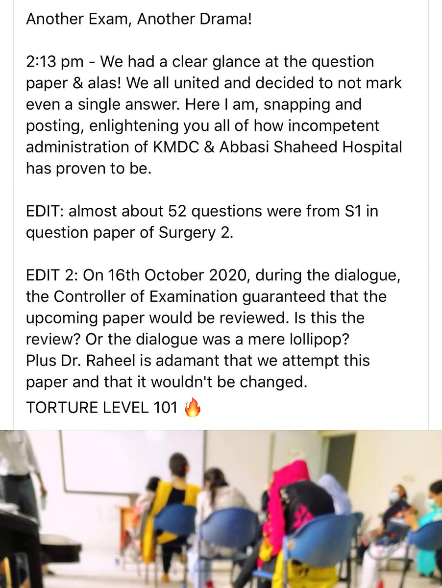Mystic9816's tweet photo. Just got to know that our final year seniors were being forced to attempt this question paper today until they resisted and now the exam has been postponed further... #justiceforkmdc @ImranKhanPTI @MJibranNasir @Tahleelk__ @by_rooj https://t.co/NlD7shfZvj
