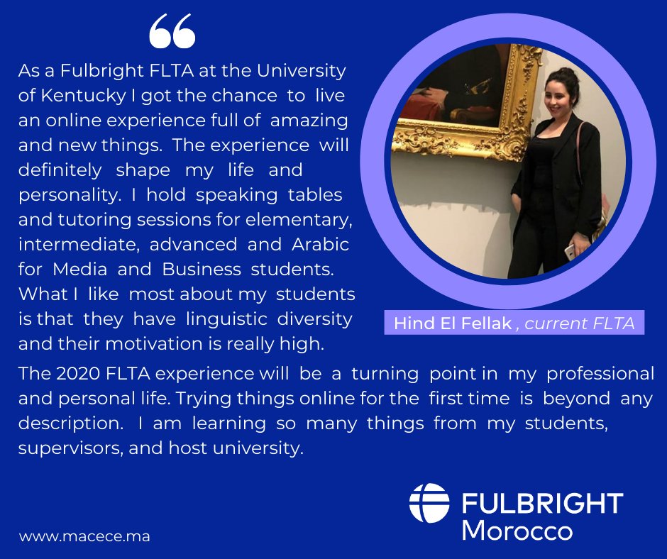 MACECEfulbright's tweet photo. #Fulbright #FulbrightFLTA #ForeignLanguageTeachingAssistant #Teaching #Arabic #Experience #Testimonial #Fulbrightertestimonials #USA #MACECE #FulbrightMorocco https://t.co/YuKAZY9sYM