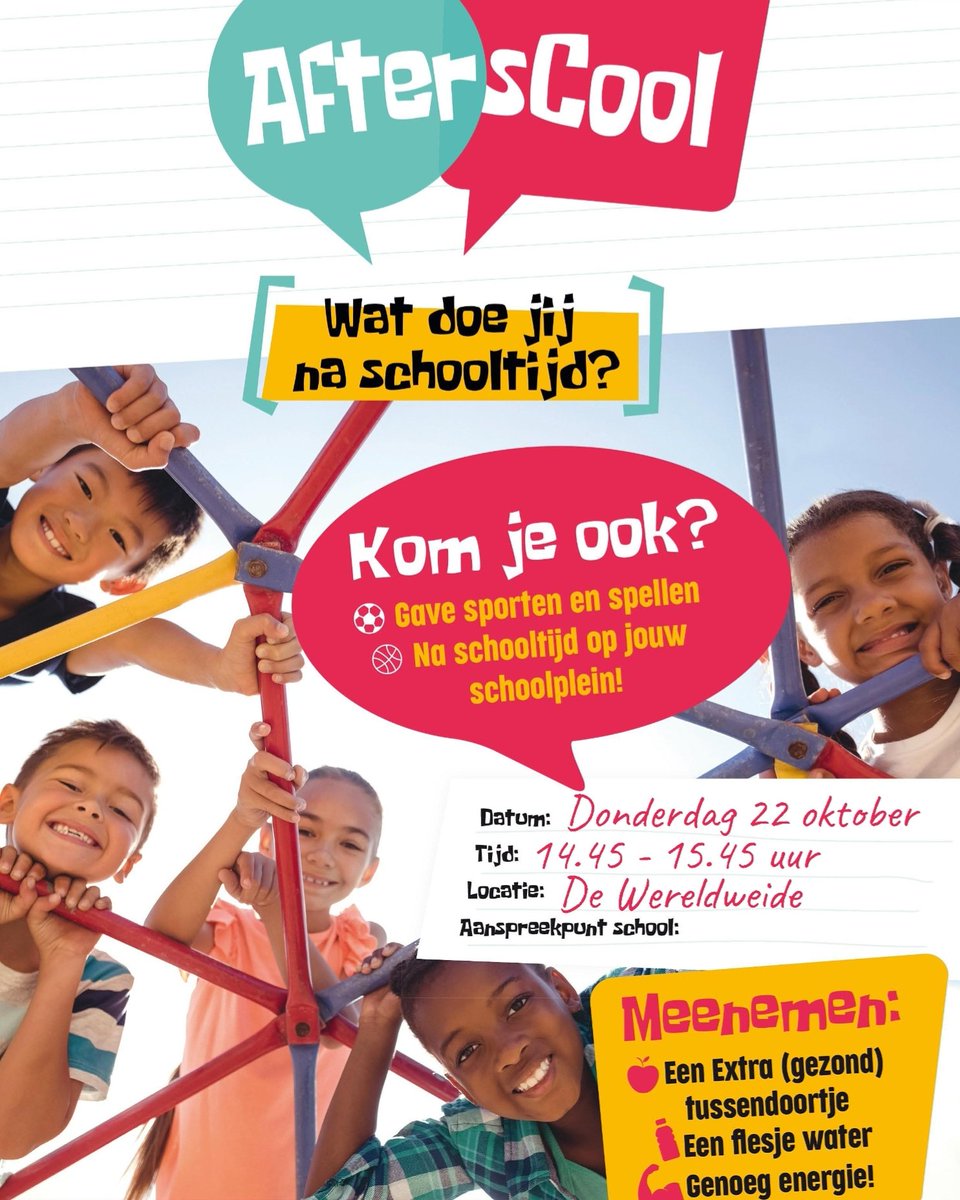 Donderdag komt Goed Bezig Oldebroek bij ons op het schoolplein een AfterScool project begeleiden. Van kwart voor 3 tot kwart voor 4. Doen jullie ook mee? De Wereldweide aan de Clematisstraat te Wezep. <a href="/goedbezigobroek/">Goed Bezig Oldebroek</a>