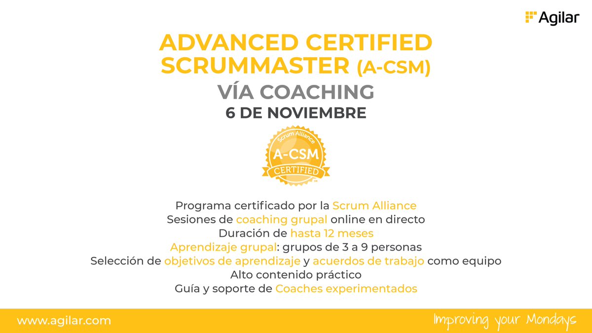 📣¡Lanzamos el A-CSM!📣
Un programa con una duración de hasta 12 meses que te brindará experiencia como #ScrumMaster y dominio más allá del conocimiento básico. Diseñado para Scrum Masters que buscan avanzar en su camino ágil y crecer profesionalmente. 
➡️agilar.com/es/es/courses/…