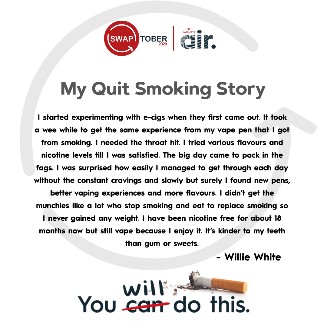 Vaping will still satisfy those cravings while you slowly reduce the nicotine strengths for the ultimate smoke free future. 

We can help you quit for good with our Vapeateair quit smoking Kit:  bit.ly/33TLvG5
#swaptober #stoptober #vapemateair #quitsmoking