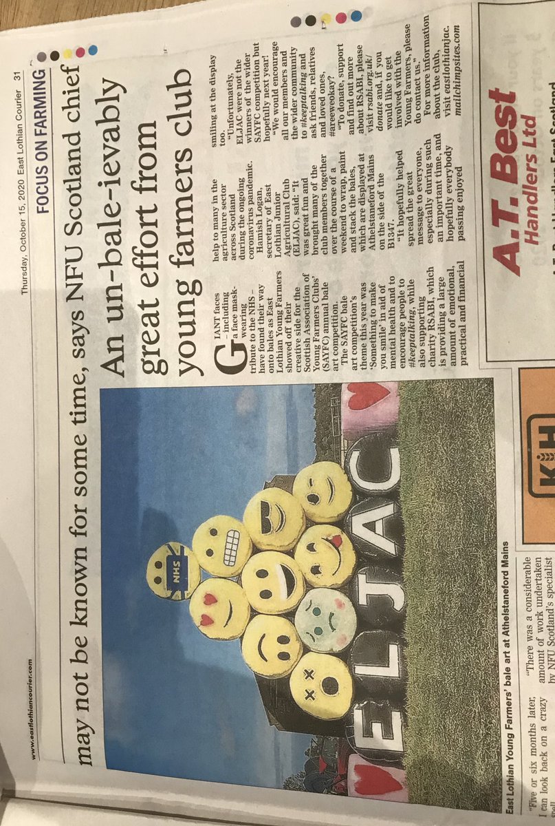 Great article in the <a href="/elcourier/">East Lothian Courier</a> supporting our Bale Art this year! Thanks for the support and great to spread the positive message! 

<a href="/SAYFC/">SAYFC</a> <a href="/SAYFCAGAFFAIRS/">SAYFC Agri Affairs</a> <a href="/RSABI/">RSABI - supporting people in Scottish agriculture</a>