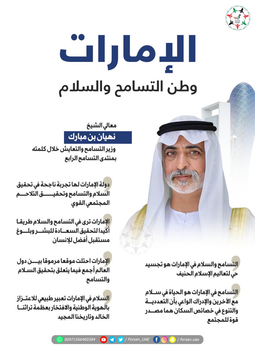 Forsan_UAE's tweet photo. تعرف على أبرز تصريحات معالي الشيخ #نهيان_بن_مبارك، وزير التسامح والتعايش في #منتدى_التسامح_الرابع: دولة #الإمارات لها تجربة ناجحة في تحقيق السلام والتسامح وتحقيق التلاحم المجتمعي القوي  

#دار_زايد_للثقافة_الإسلامية #الامارات_وطن_التسامح_والسلام
#FourthToleranceForum #ZHIC https://t.co/WJMs3Euzye
