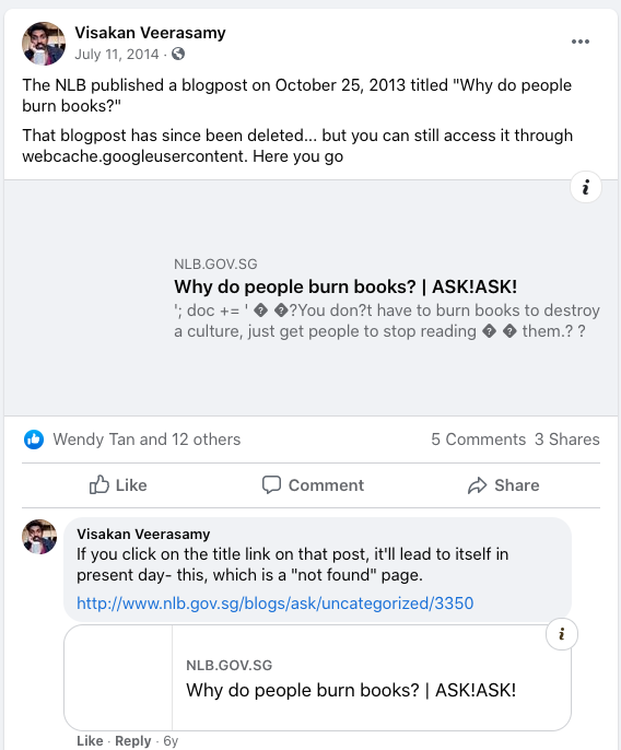 lol  @visakanv's fb had a cached NLB post about book burning that they deleted during the gay-penguins book saga. the cached link is also broken now but web.archive has it:  https://web.archive.org/web/20140715024633/http://www.nlb.gov.sg/blogs/ask/uncategorized/3350