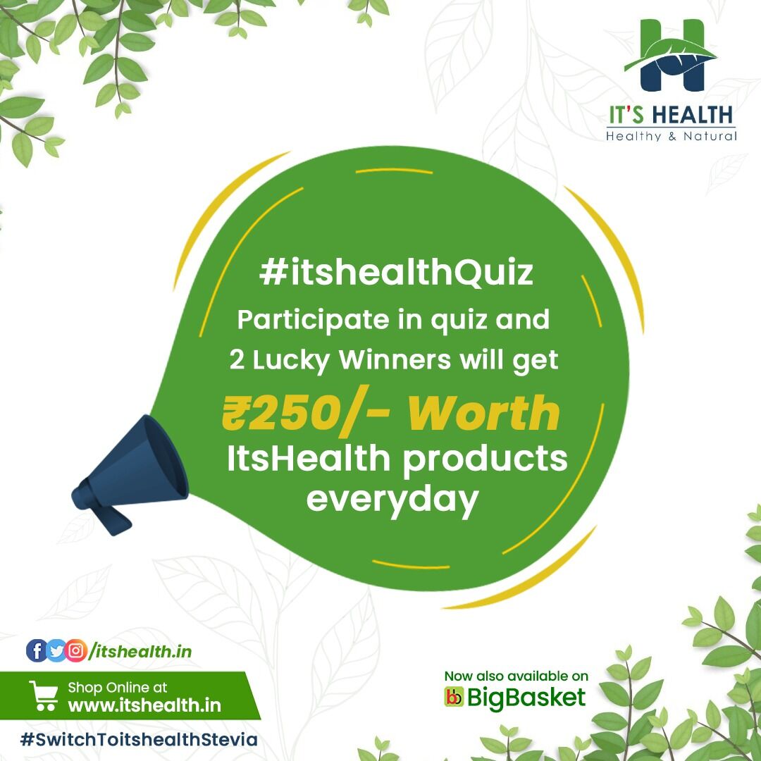 itshealth_in's tweet photo. Introducing #ItshealthQuiz, Answer Simple Questions and win Itshealth Products Worth Rs. 500/-
Two Winners get Itshealth Products worth Rs. 250/-
#ItshealthStevia #SteviaHealth #GoodbyeSugar https://t.co/bwsjYX7nJY