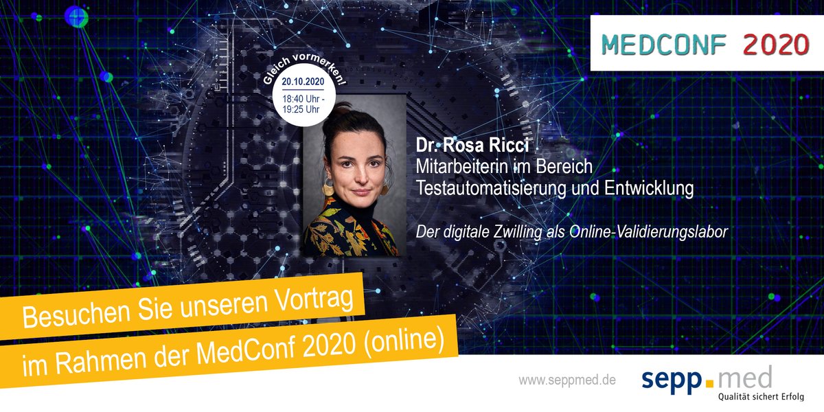 seppmedgmbh's tweet image. #DigitaleZwilling als Online-Validierungslabor. Vortrag auf der @MedConfMUC 2020. Echtzeit Überwachung Medizingeräte Netzwerk &amp;amp; Unterstützung Absicherung &amp;amp; #Validierung klinischer Prozesse &amp;amp; technischer Umgebung #MedTech #Quality #FutureHealthcare bit.ly/3dIVBx7