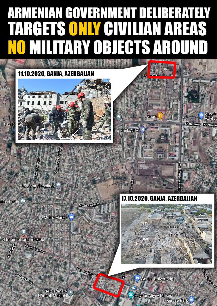 Operativ_MM's tweet photo. Armenian terrorist regime targets civilian areas on purpose. Check the map. No military objects around. 23 killed (3 kids), 83 wounded. #StopArmenianOccupation #StopArmenianAggression
#GanjaCity https://t.co/zWICEy1hTJ