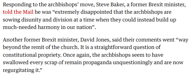Even church leaders are not immune from the Brexit cult that accuses those who with a different opinion of being divisive (and quite often, though not in this case, unpatriotic traitors).  https://www.theguardian.com/world/2020/oct/18/uk-archbishops-urge-ministers-not-to-breach-international-law-over-brexit