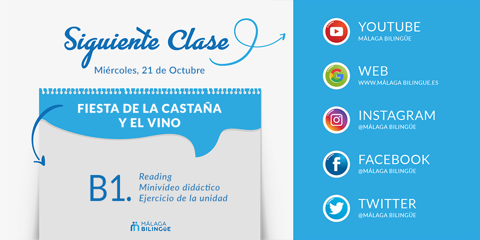 malagabilingue's tweet photo. Os esperamos mañana con la clase A1 - B1 - Fiesta de la castaña y el vino.

#English #Spanish #MalagaBilingue #lesson #claseonline #malaga

@diputacionMLG @juventudmlg https://t.co/M5PbWPMLaR