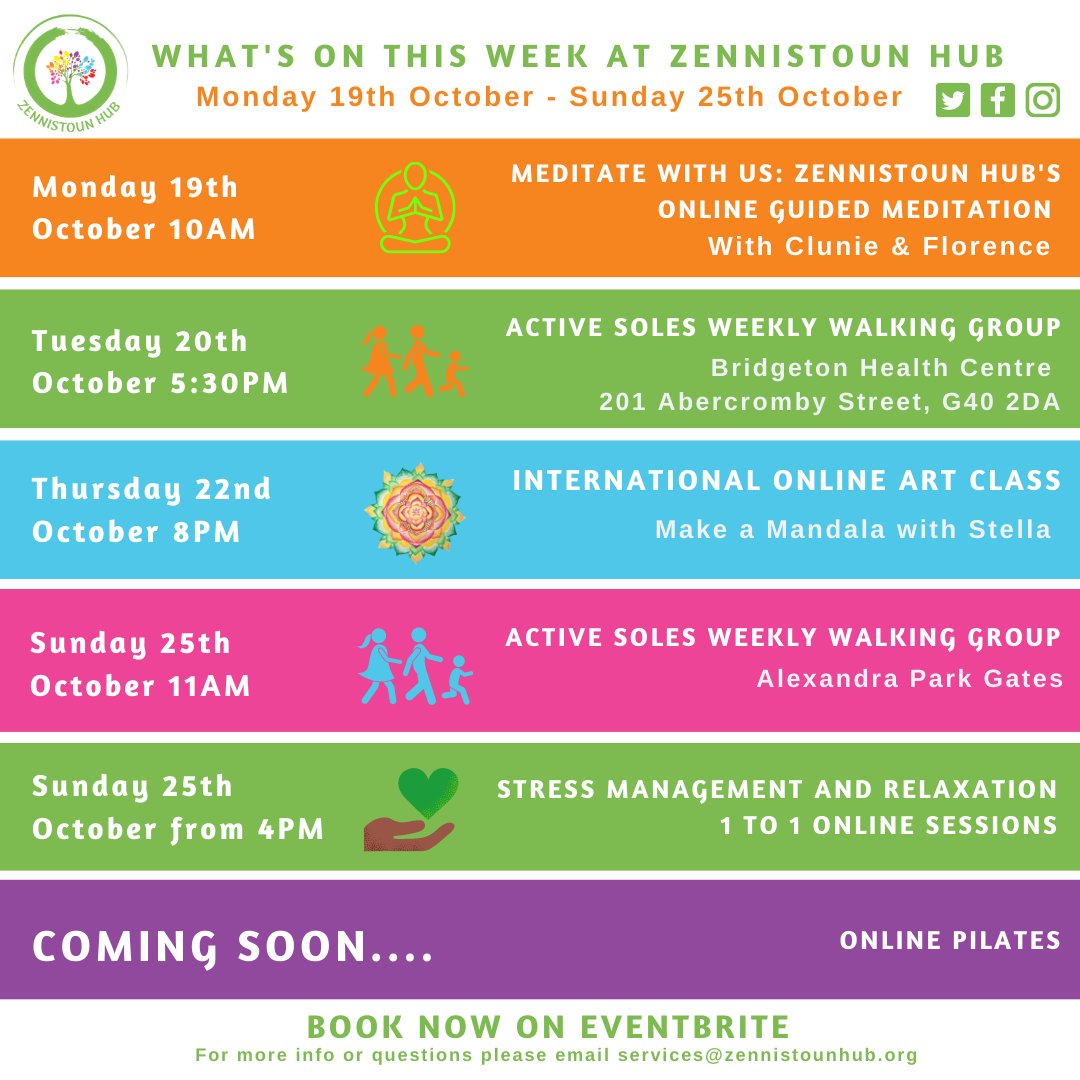 zennihub's tweet photo. 💚 What's on This Week at #ZHub: Monday 19th October - Sunday 25th October 💚

From Online Guided Meditation sessions, Walking Groups, Art Classes and our NEW Stress Management and Relaxation 1 to 1 Online Sessions 🤩

❗️Book now: https://t.co/EJnjpBC3wL ❗️ https://t.co/9X4BXtEYlU