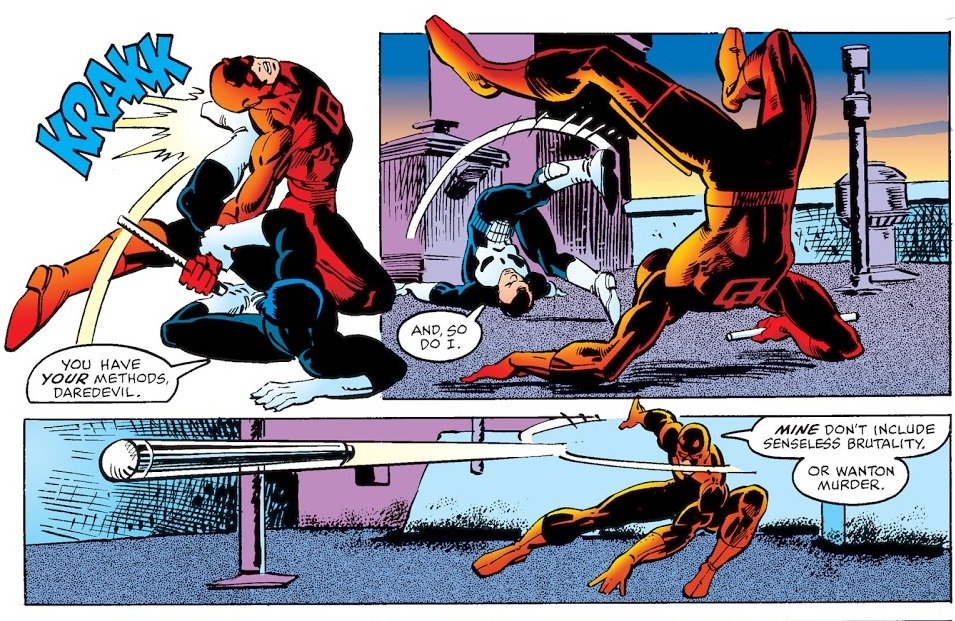 It also establishes an ideological feud between the two which will inform pretty much all of their subsequent encounters.Via  http://notahoaxnotadream.blogspot.com/2017/06/daredevil-183.html
