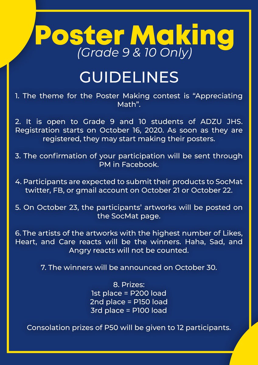 SocMat_JHS's tweet photo. ANNOUNCEMENT!

These are the guidelines for the upcoming activities of the Sociedad Matematica de Ateneo for this year’s Statistics/Mathematics month. 

Please be guided in accordance with the rules stated for each activity. https://t.co/vYQ1rrPoEI