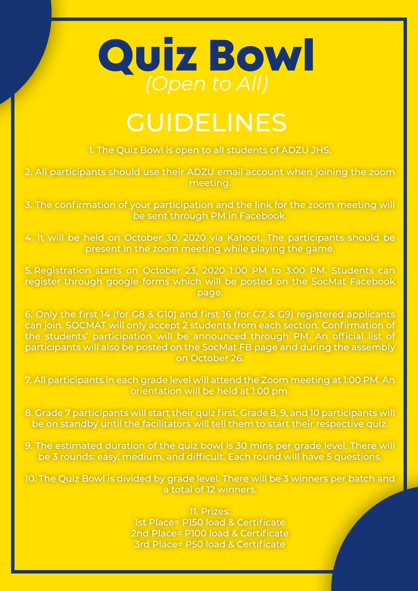 SocMat_JHS's tweet photo. ANNOUNCEMENT!

These are the guidelines for the upcoming activities of the Sociedad Matematica de Ateneo for this year’s Statistics/Mathematics month. 

Please be guided in accordance with the rules stated for each activity. https://t.co/vYQ1rrPoEI