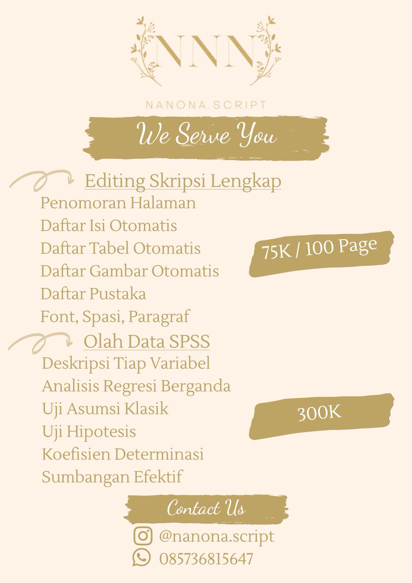 NanonaScript's tweet image. Yeay, alhamdulillah. We have new service. Yuk yang butuh jasa pengolah data spss maupun editing format skripsi, langsung dm atau hubungi no tertera. 🤗