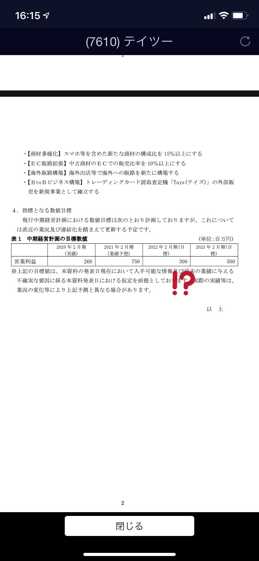 まる 株初心者 テイツー中計の目標低すぎでは まる 株初心者 テイツー中計の目標低すぎでは