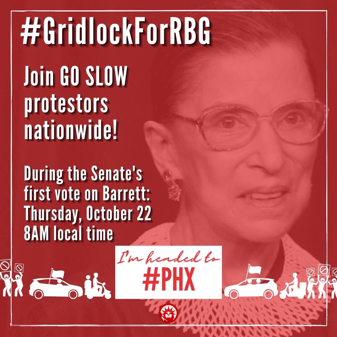 SnowdenBishop's tweet photo. Hey #Phoenix Resisters — join @vigil4democracy &amp; @wallofmany in #GridlockForRGB block traffic to block handmaiden Amy Coney Barrett SCOTUS confirmation. Thurs 10/22 @ 8 am Sky Harbor Airport PHX. Please RT! @JustResisting #Fresh #1v1 #Hanian 

More info:  https://t.co/pmk8JX8e7U https://t.co/QAOjs1QUdi