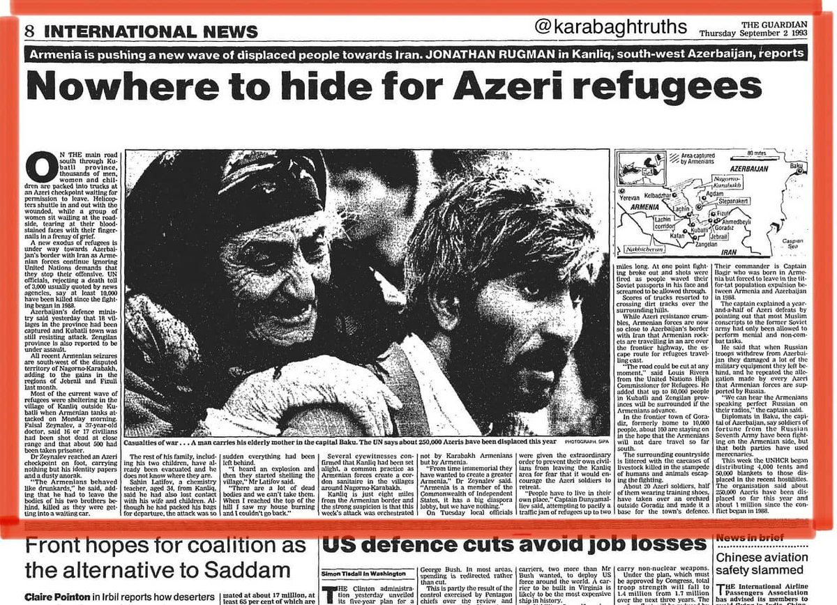asaplatform_'s tweet photo. The Guardian, 1993 - "Nowhere to hide for Azeri refugees. A new exodus of refugees is under way as #Armenian forces continue ignoring #UnitedNations demands that they stop their offensive. #UN officials say at least 10,000 [Azeris] have been killed." #Karabakh #DontBelieveArmenia https://t.co/XRXM4bF5bm