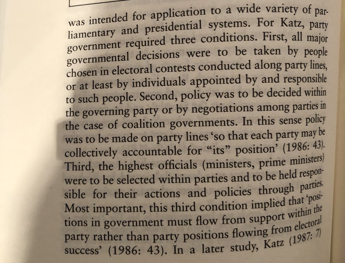 Ideal conditions for party government- this implies a level of direct answerability to voters I definitely don’t recognise from modern life