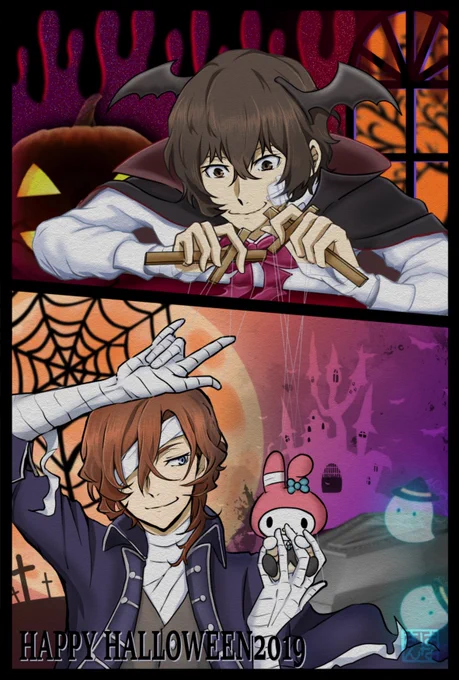 ハロウィン絵を振り返るw
2019(色違いver.)←2018(眼鏡アリver.)←2017(2枚)
今年のは今下描き描いてるよ?
年々細かくなってる。。 