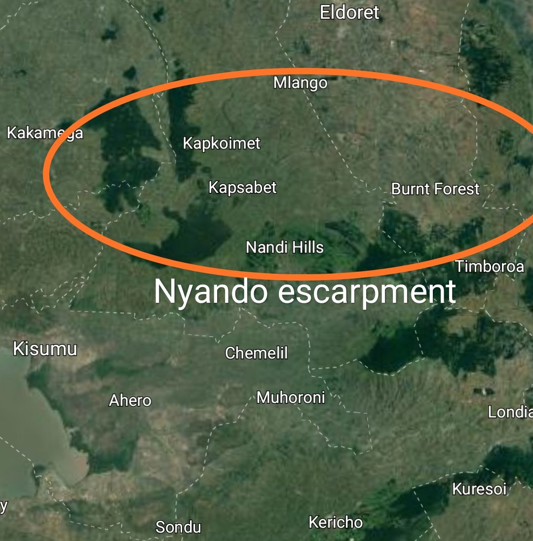 Like the Aberdares, Nyando escarpment is marked by a series of volcanoes that collectively form the Nandi Hills. These forested highland areas includes Timboroa, Kapkut, Tinderet & Londiani. The valley below is Kenya's 'sugar belt' including Chemelil, Ahero, Miwani & Muhoroni.