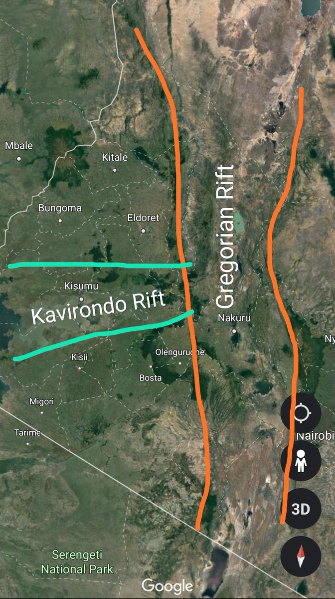 The Kavirondo Rift Valley runs perpendicular to the main Rift system in Kenya. It is located west of the main Rift system and runs for about 100km from Timboroa area to Lake Victoria.Nyando escarpment forms the northern wall that rises high above the valley floor.