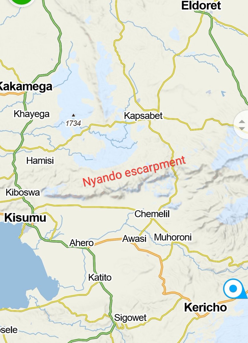 Like the Aberdares, Nyando escarpment is marked by a series of volcanoes that collectively form the Nandi Hills. These forested highland areas includes Timboroa, Kapkut, Tinderet & Londiani. The valley below is Kenya's 'sugar belt' including Chemelil, Ahero, Miwani & Muhoroni.