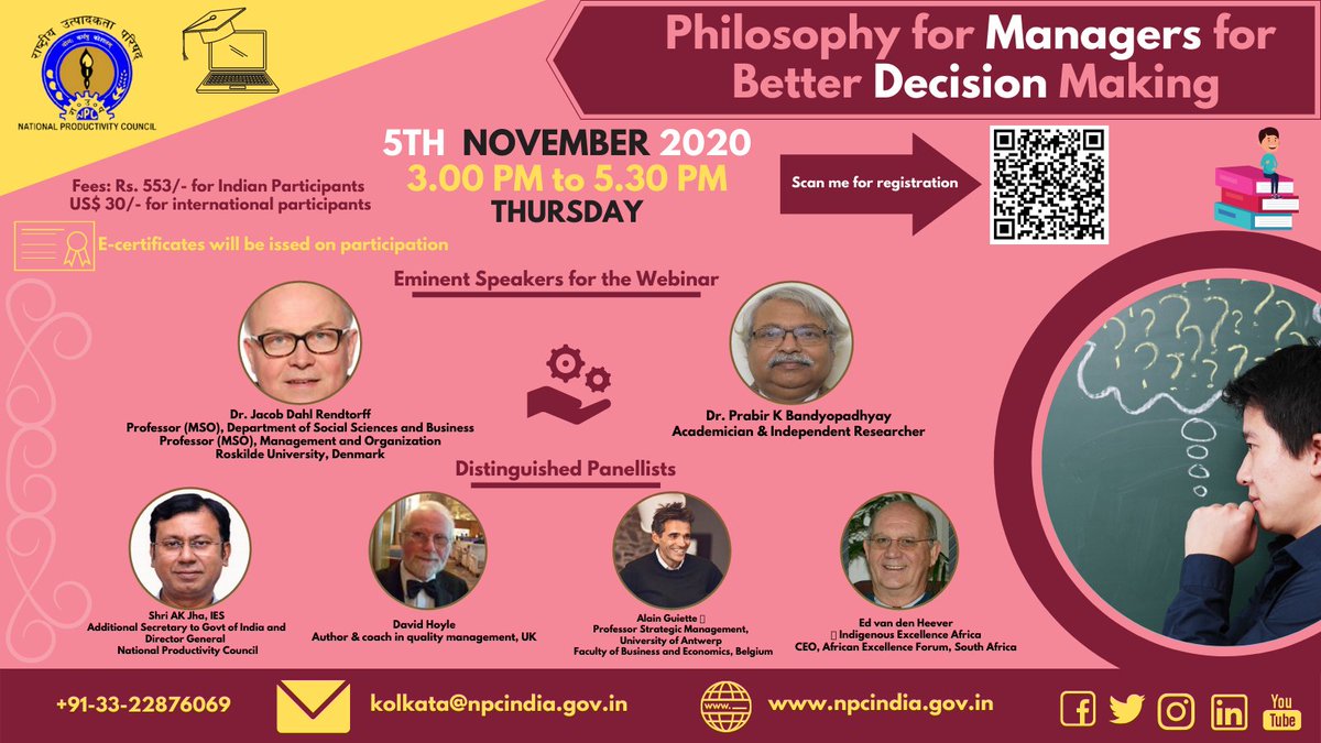 Join #NPCINDIA # Global #Webinar on linking #Philosophy and #Decision Making on 5th Nov 3 pm Register at https://t.co/xG87Liammc
@swachhbharat @institute_solar @MoHFW_INDIA @HRDMinistry @RailMinIndia @SteelMinIndia @minmsme @GoI_MeitY @FinMinIndia @CoalMinistry @TexMinIndia https://t.co/somdWKwbHf