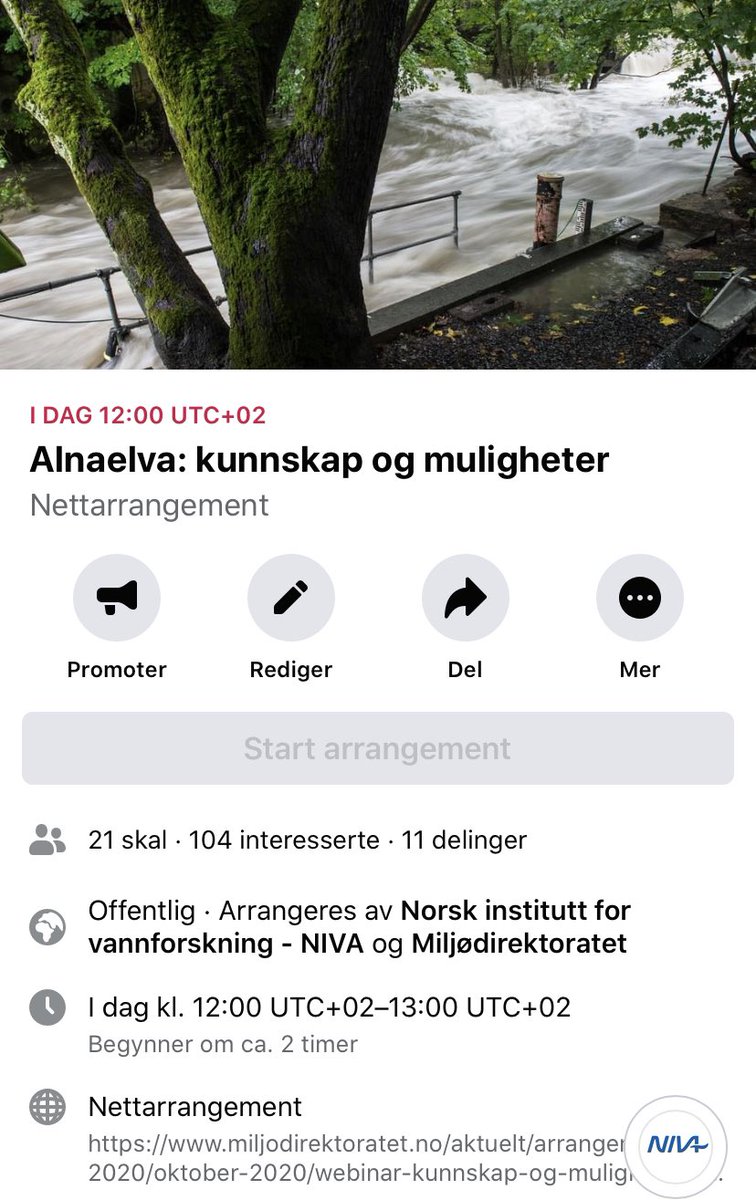Sammen med <a href="/miljodir/">Miljødirektoratet</a> arrangerer vi åpent lunsjwebinar kl 12-13 i dag | Alnaelva: Kunnskap og muligheter, basert på kunnskapssammenstilling og mulighetsstudie. Talere bl a: <a href="/MarenHHolsen/">Maren Hersleth Holsen</a> <a href="/kldep/">Klima- og miljødep</a> <a href="/MortenNordskag/">Morten Nordskag</a> @Oslokommune   Lenk miljodirektoratet.no/aktuelt/arrang…