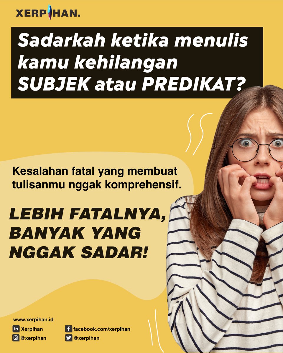 xerpihan's tweet image. Sadarkah ketika menulis kamu kehilangan subyek atau predikat?
Sering menjumpai tulisan kamu kehilangan subyek atau predikat?
Bagaimana bisa? Cek postingan ini yuk

#proofreading #proofreadingservice #sentencefragment  #belajarmenulis #belajarbahasainggris #sentencestructure