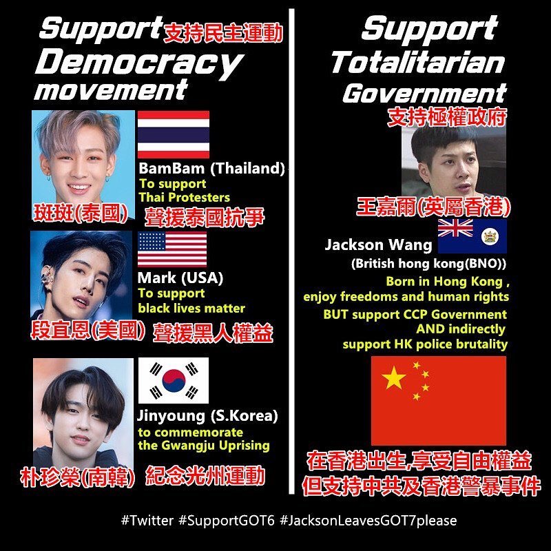 Songliberaty's tweet photo. 蝗嘉爾過唔過意得去?真係同隊不同人
Jackson Wang enjoy freedoms and human rights BUT support CCP government and HK POLICE BRUTALITY
#FightForFreedom #StandWithHongKong #StandWithThailand
#GOT7
#supportgot6 https://t.co/1afpp5ytyf