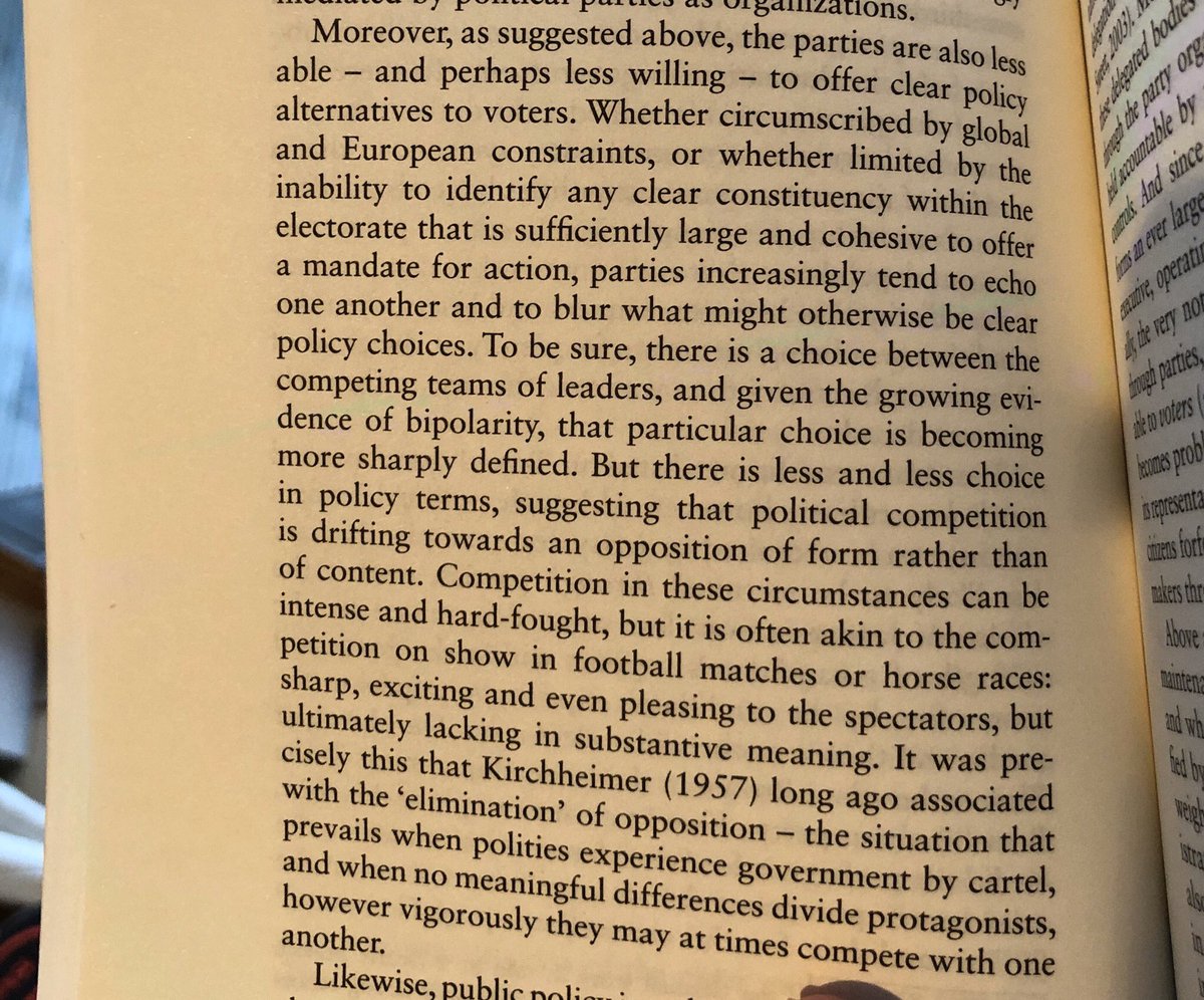 As a result of globalisation (and in a European context, the EU) “parties are less able to offer clear policy alternatives to voters”