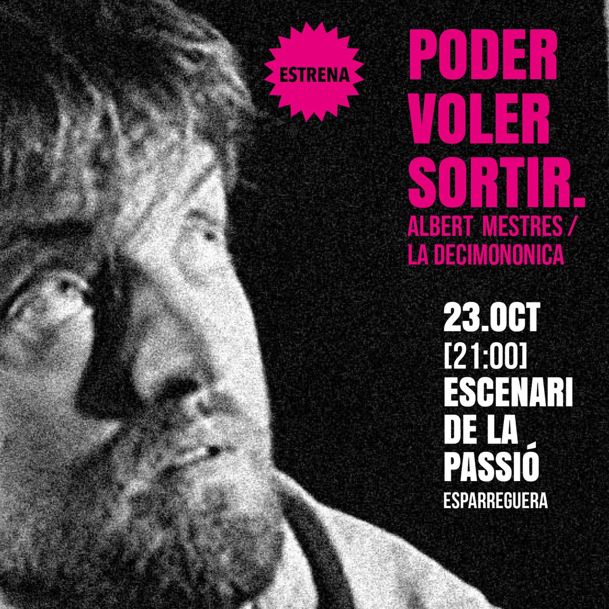📢 PODER VOLER SORTIR
Filo i Neo es troben en confinament de manera inesperada a causa d’una terrible epidèmia. Neo havia anat a buscar Filo per salvar el món. Salvar el món? Però ara no poden sortir. O sí? I la veritat on és?
Dv. 23 oct, 21h, <a href="/Teatre_LaPassio/">La Passió d'Esparreguera</a> <a href="/Ticketic_org/">TickEtic - Entrades amb una mirada social</a>
