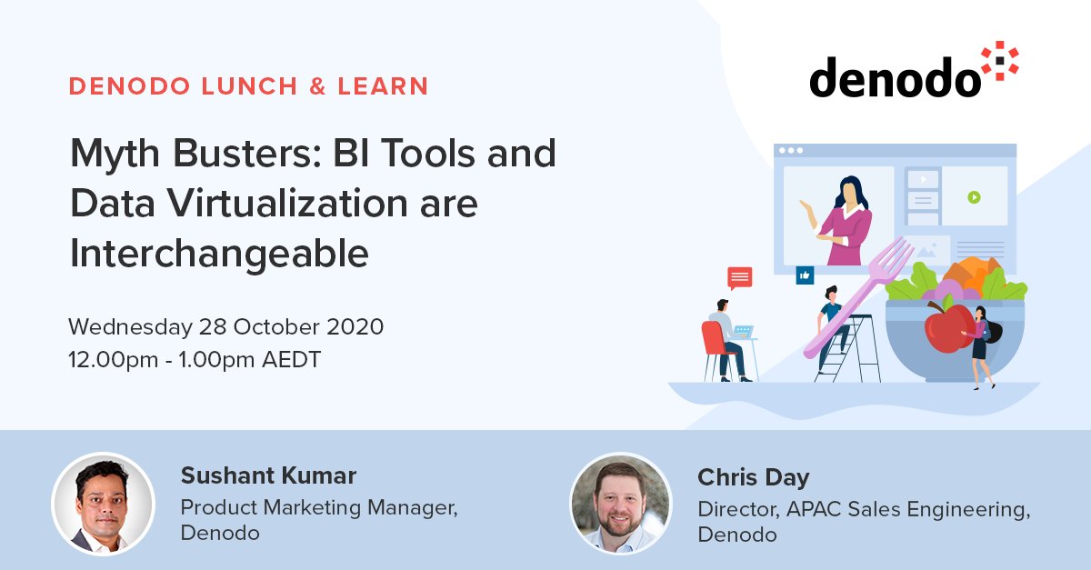 Join #Denodo at our upcoming Lunch &amp; Learn on Wednesday 28 November as we take on the 2nd myth about #datavirtualization, that suggests a #BI tool and data virtualization are interchangeable technologies. Spaces are limited, so save your seat now! bit.ly/3lUK5RO