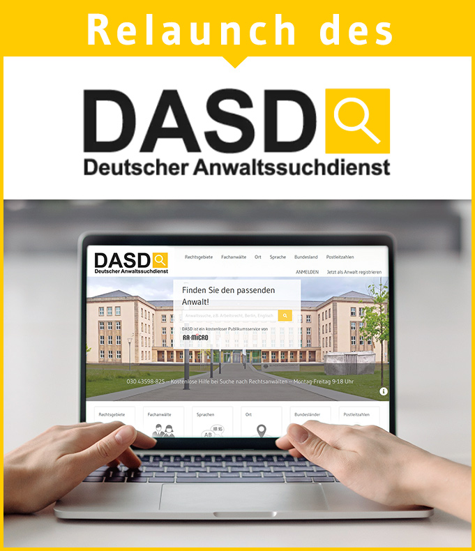 DASD_Berlin's tweet photo. Der Deutsche Anwaltssuchdienst (DASD) hat einen umfassenden Relaunch erfahren und präsentiert sich in neuer Optik: https://t.co/HwF0cSvJRj

#dasd #anwaltssuche https://t.co/OV7BEm4ELJ