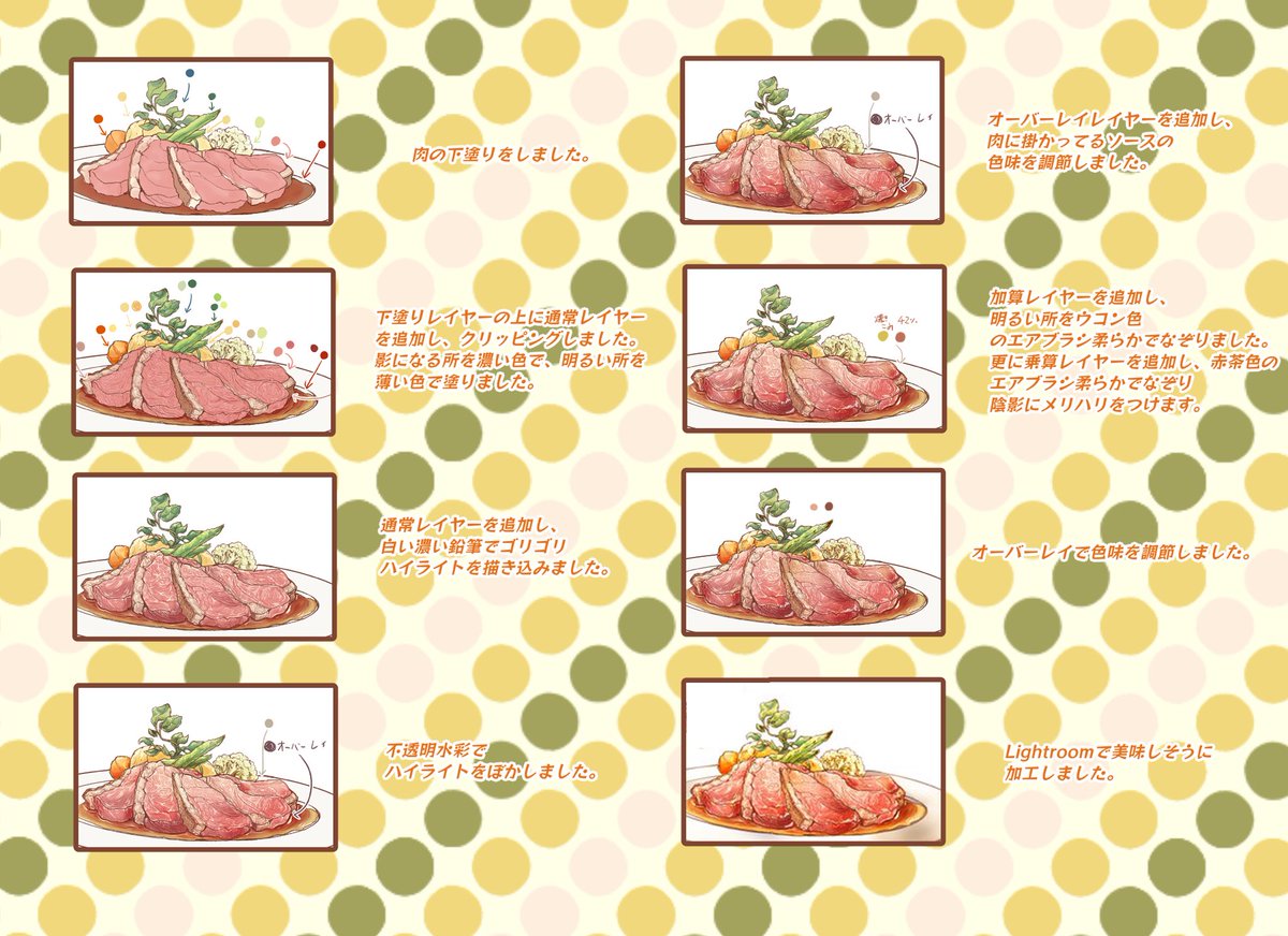 再放送になっちゃうんだけど、
尊敬してる絵師様から食べ物美味しそうという嬉し過ぎるお言葉いただけたので食べ物絵メイキング?
最近はこの頃よりちょっと簡略化してる?8割Lightroomアプリのおかげ