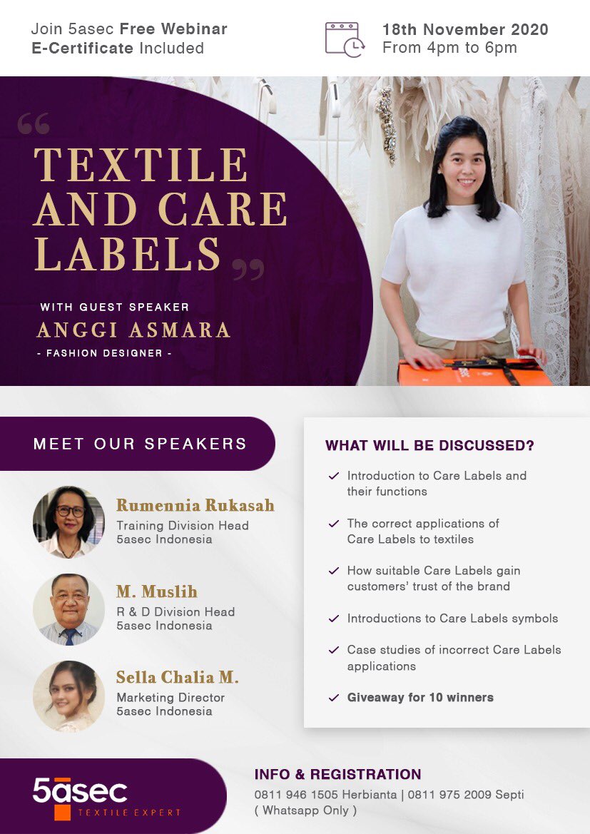 Book your slot today! 5asec Free Webinar “TEXTILE &amp; CARE LABELS” with Anggi Asmara. 
Learn how to know the perfect treatment for your garments. Click bit.ly/37mxCT0 for info &amp; registration. Limited slot available