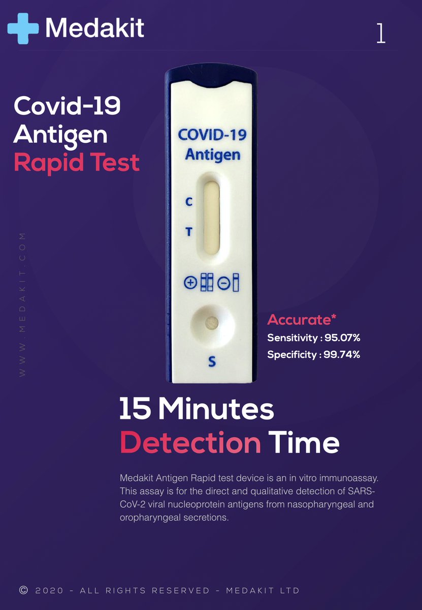 medakit's tweet photo. We're proud to release the Medakit Ag Rapid Test, a scalable solution to the current testing problem (PCR). It detects a Covid-19 infection within 15 minutes; no special equipment needed. 

It's highly accurate &amp; CE Marked. It will revolutionize the way we test people for Covid. https://t.co/z7OKP2teWX
