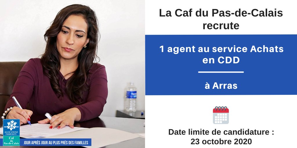 CafPasdeCalais's tweet photo. 👍#Emploi #i4Emploi #JobAlert 
La @CafPasdeCalais recrute 1 agent au service Achats en #CDD
▶️1 poste basé à Arras
✅Intéressé(e) ? Postulez en ligne : https://t.co/i0MiIL8MXw
🔴 Date limite de candidature : 23 octobre 2020 https://t.co/5TdKoo0uBN