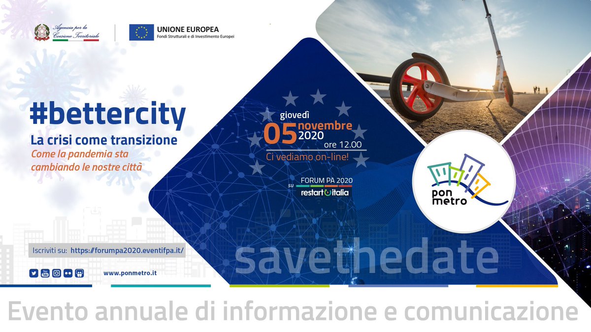 pnmetroplus's tweet photo. Come la Pandemia sta cambiando le nostre #città. Ne parleremo il #5novembre durante l’evento annuale del #PonMetro in modalità #online nell’ambito di #ForumPaSud #RestartItalia registrati qui 👉 https://t.co/yYuxVHRFs3 @AgenziaCoesione @pongovernance @TTSItalia @FPA_net https://t.co/aVLHg60q4C
