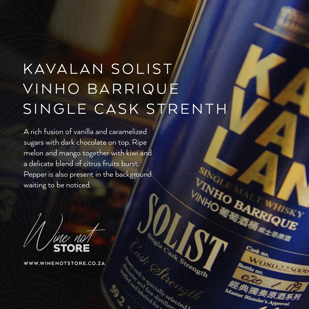 A current favourite: Kavalan Whisky - A rich fusion of vanilla and caramelized sugar with dark chocolate on top. Ripe melon and mango together with kiwi and a delicate blend of citrus fruits burst. Shop: winenotstore.co.za