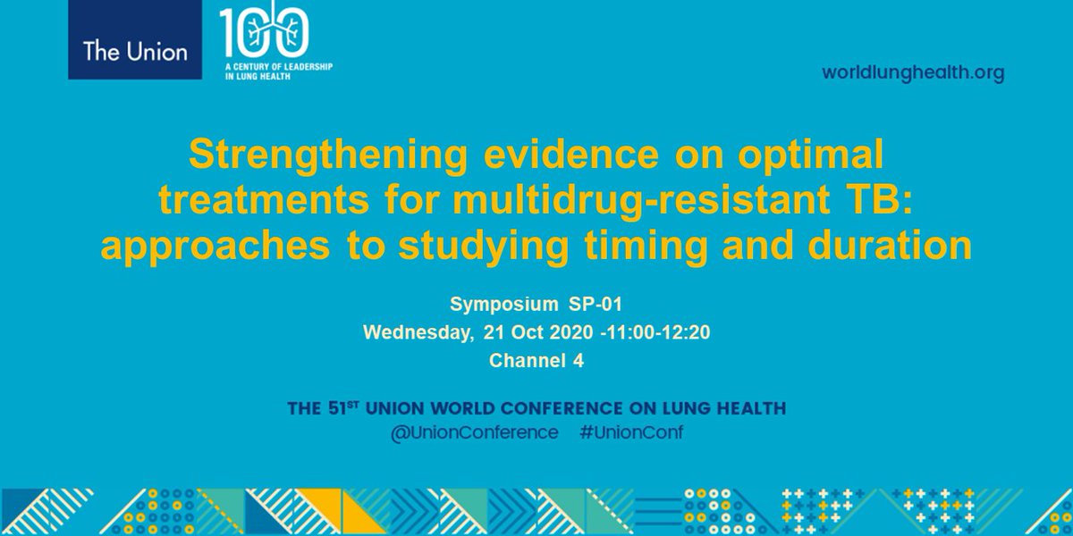 Want to discuss methodological challenges related to timing and duration when analyzing MDR-TB treatment data? Come to our symposium at #UnionConf on Wednesday at 11am on Channel 4 
@MollyFranke1 @cdmitpih @_CarlyRodriguez @PPJPhillips @dopapus