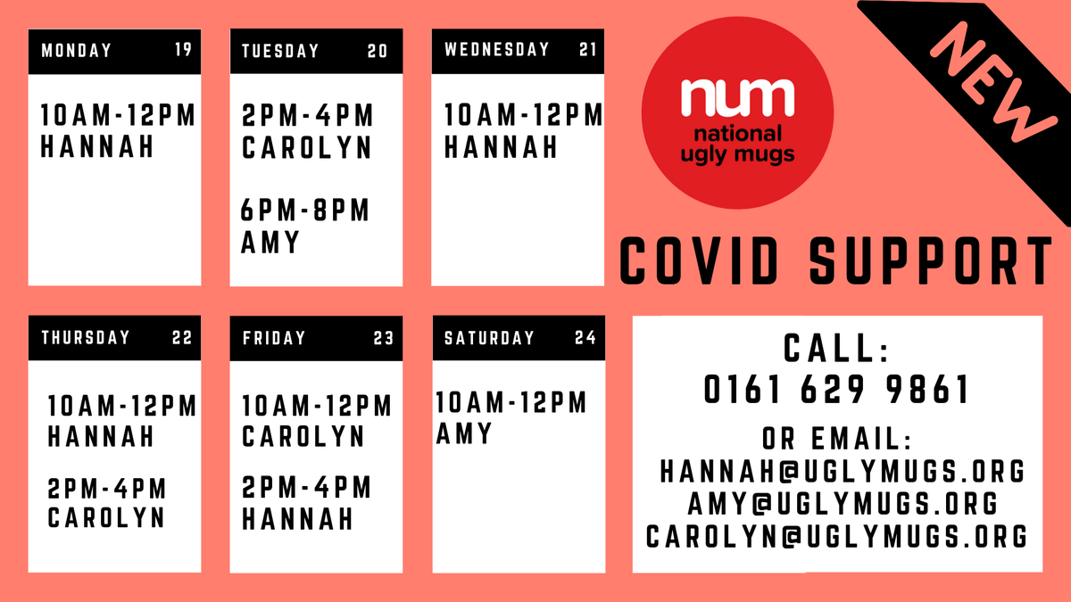 NationalUglyMug's tweet photo. We now have dedicated COVID support hours! UK sex workers in need of assistance during the pandemic feel free to contact us for food vouchers, guidance &amp; support.
Call 0161 629 9861 or email to get in touch! https://t.co/j31y4Rm9qh