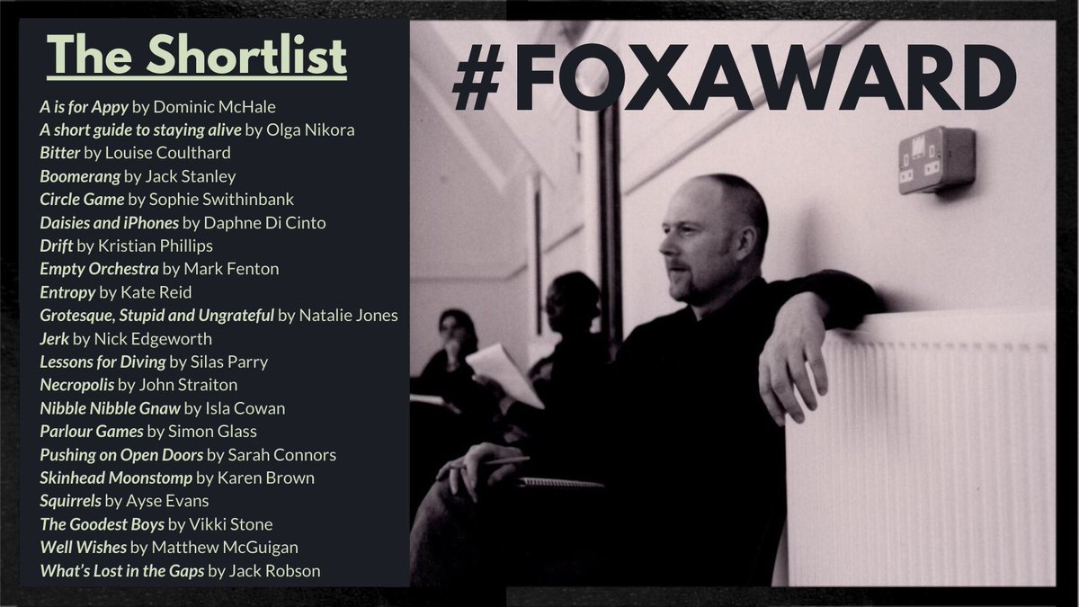 OutsideTheatre's tweet photo. We are delighted to announce the shortlist for the inaugural Phil Fox Award for Playwriting! Named after our founder who passed away in 2014. Congratulations to everyone who submitted, we were thrilled to receive so many outstanding scripts tackling issues around addiction https://t.co/VxV8wiiszK