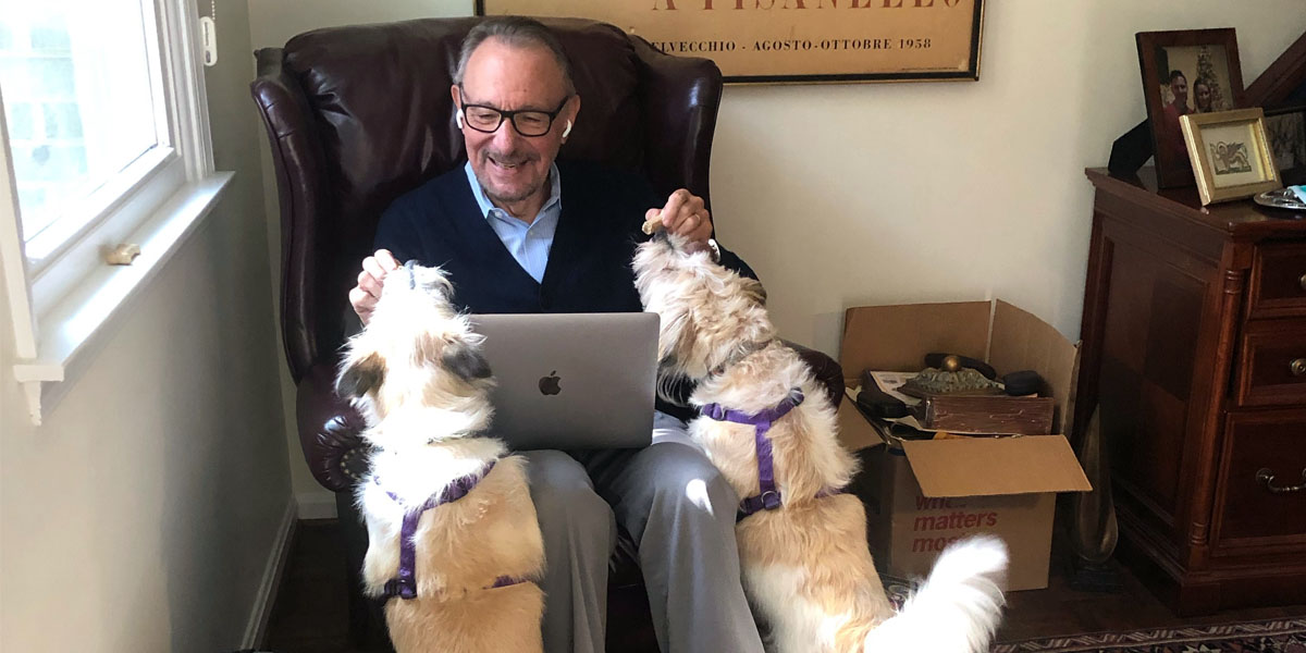ICANN's tweet photo. .@dcolive, Senior Vice President, Policy Development Support, plays with his dogs Bindi and Rika in #WashingtonDC during an #ICANN69intermission. How do you spend your time between sessions? Show us a selfie! Use tags #ICANN69intermission, #ICANN69, and the city you’re in. https://t.co/osWkQLOG7i