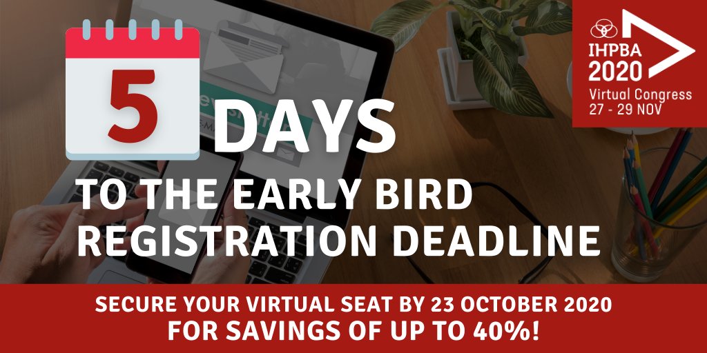 IHPBA's tweet photo. #IHPBA2020 #virtualcongress early bird registration is closing in 5 days!
Register now: https://t.co/LTGy0sN6ah
Benefit from savings up to USD100, with access to live & on demand sessions and networking opportunities.
#MedStudentTwitter #traineesurgeon #AdvancedEndoscopists https://t.co/QJzJK2pv9O