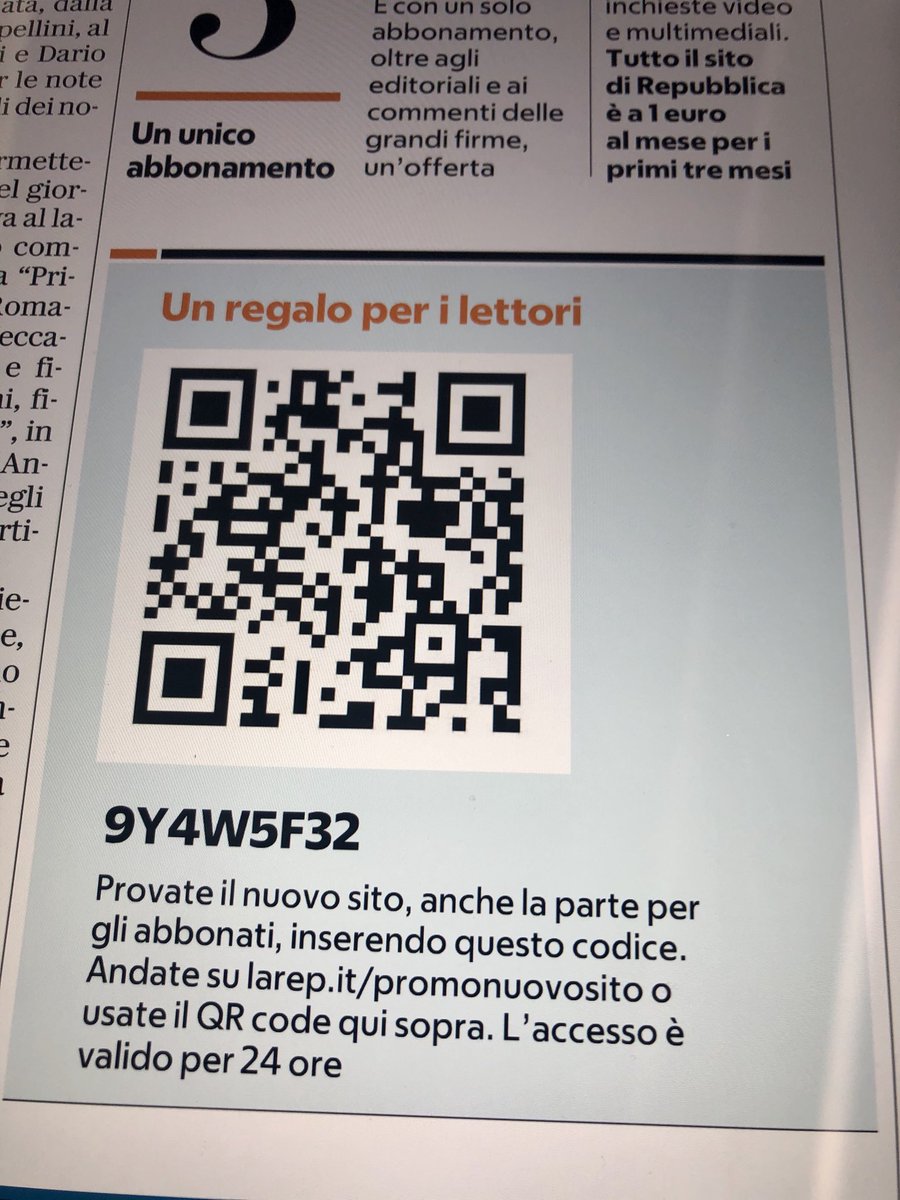stealoia's tweet photo. Perché provare il nuovo sito di ⁦@repubblica⁩, anche la selezione per gli abbonati, usando questo codice? Perché è gratis per 24 ore ma soprattutto perché è ⁦Repubblica https://t.co/3v9Nb3oYtS