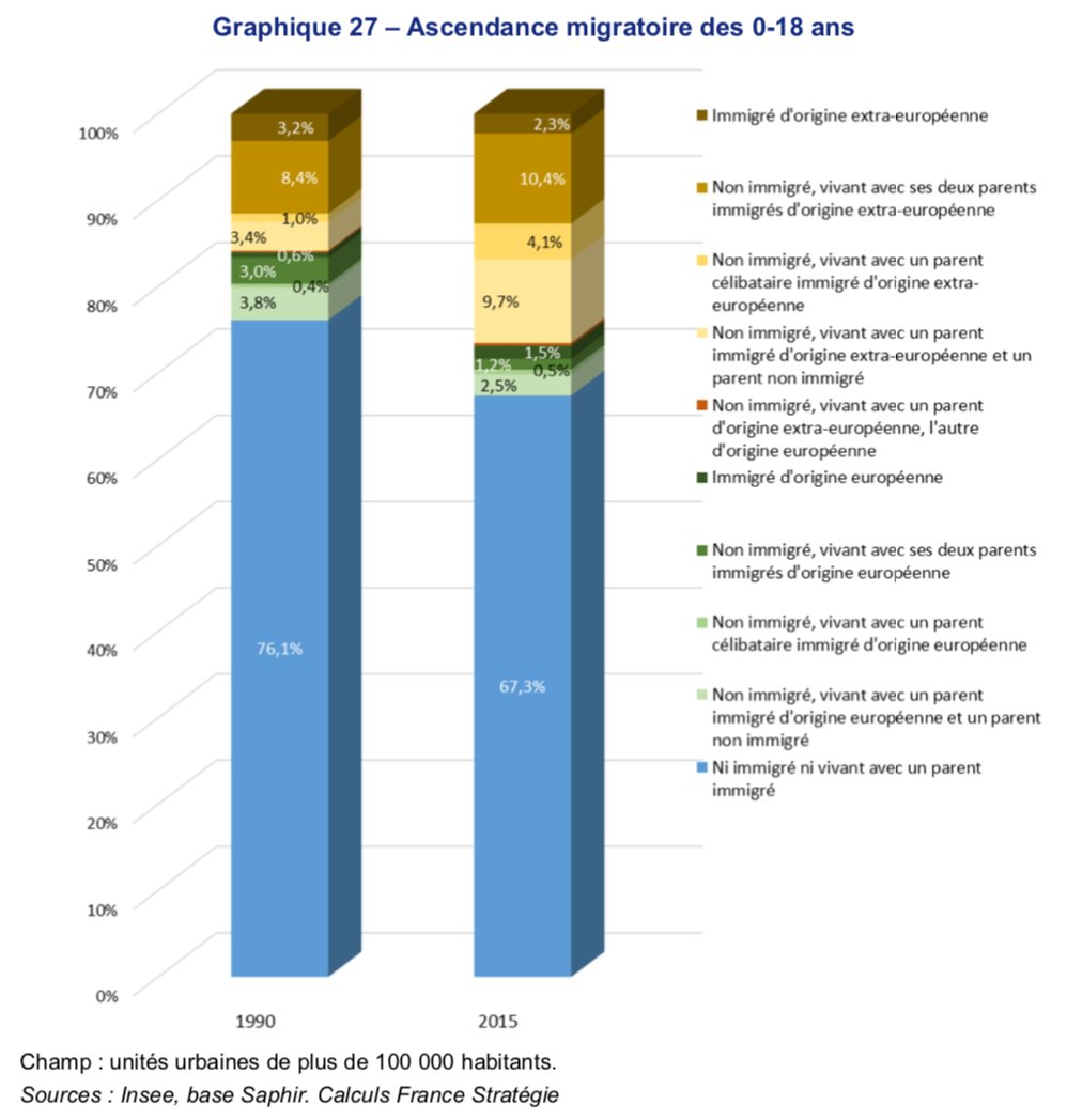 En effet, dans les unités urbaines de plus de 100 000 habitants, les enfants immigrés non-européens ou vivant avec au moins un parent immigré non-européen représentaient 27% des moins de 18 ans en 2015.